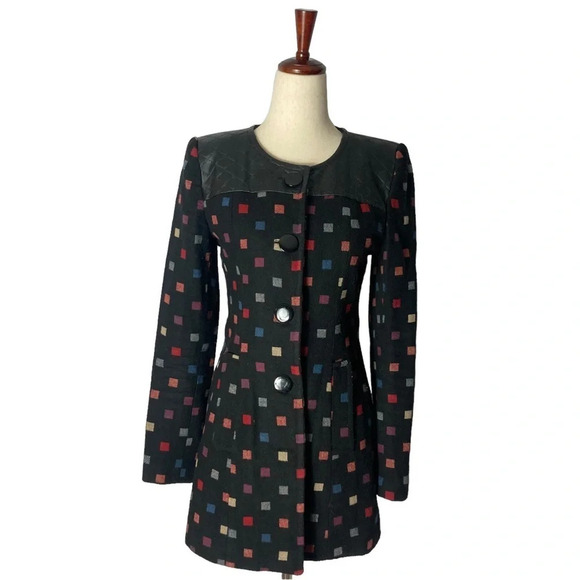 Vintage Y2K Suffle Printed Coat with Leather Trim Small - Picture 1 of 8